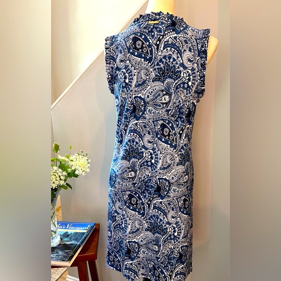 MICHAEL KORS Paisley Dress Floral V-Neck Ruffle Sleeveless Blue White - Picture 8 of 11